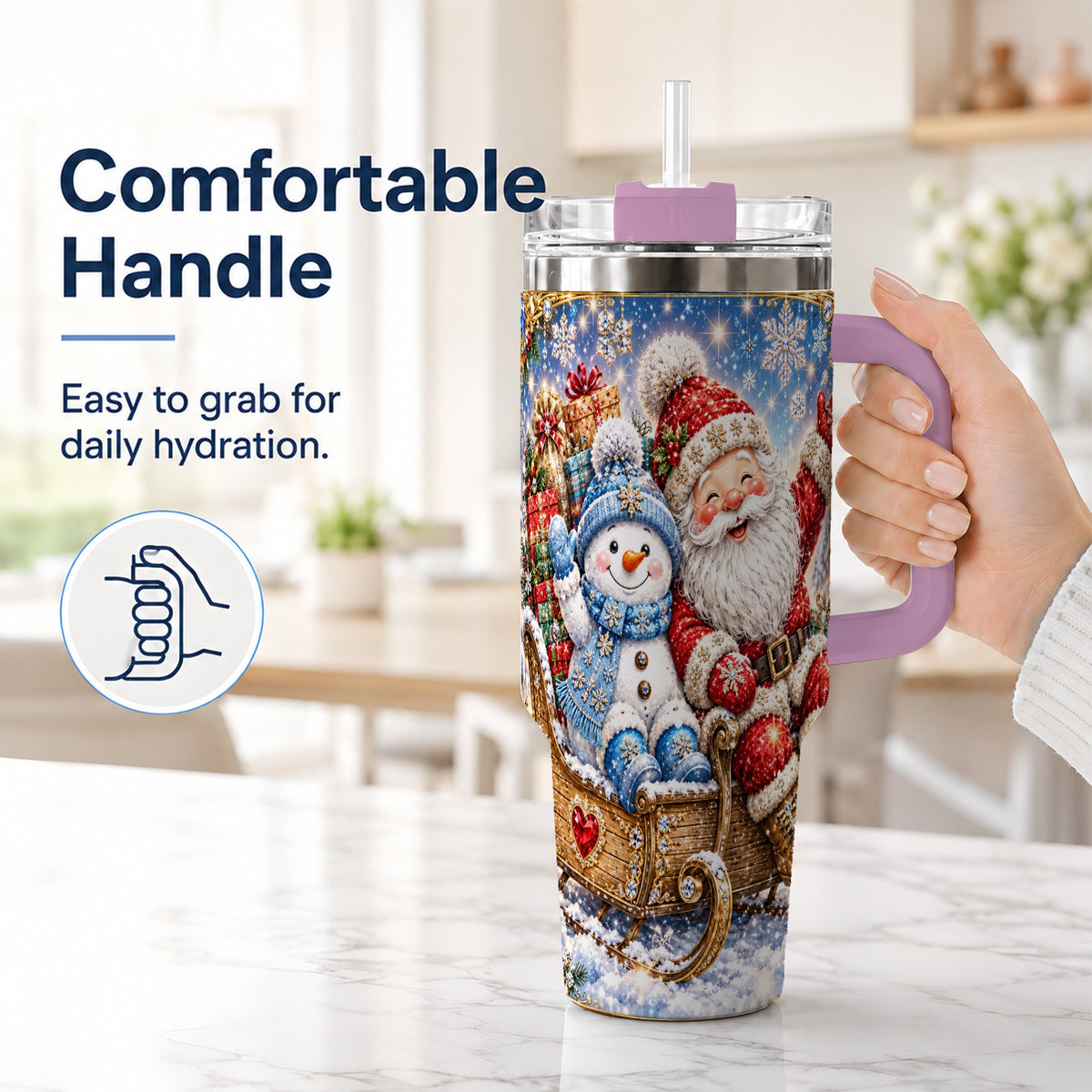 #pl[40oz|Pink] Santa Snowman 40oz Tumbler with Handle, Sleigh Ride Stainless Steel Cup