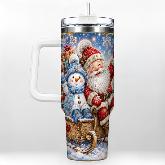 Santa Snowman 40oz Tumbler with Handle, Sleigh Ride Stainless Steel Cup