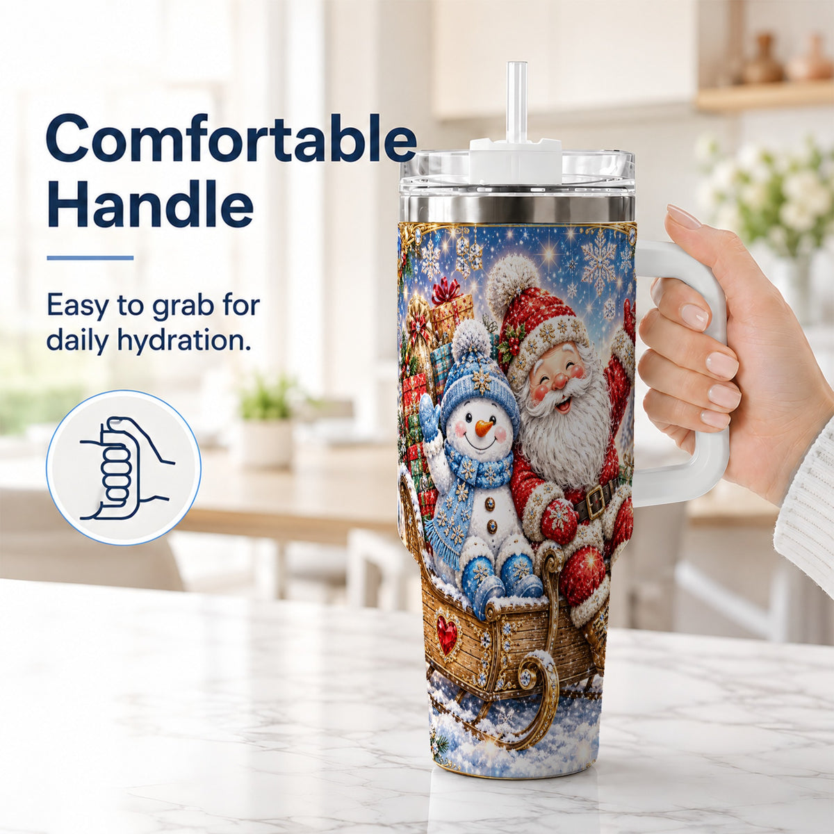 #pl[40oz|White] Santa Snowman 40oz Tumbler with Handle, Sleigh Ride Stainless Steel Cup