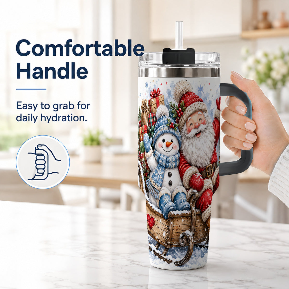 #pl[40oz|Black] Santa Snowman 40oz Tumbler with Handle, Sleigh Ride Stainless Steel Cup