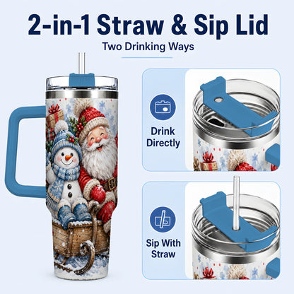 #pl[40oz|Blue] Santa Snowman 40oz Tumbler with Handle, Sleigh Ride Stainless Steel Cup