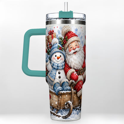 #pl[40oz|Green] Santa Snowman 40oz Tumbler with Handle, Sleigh Ride Stainless Steel Cup