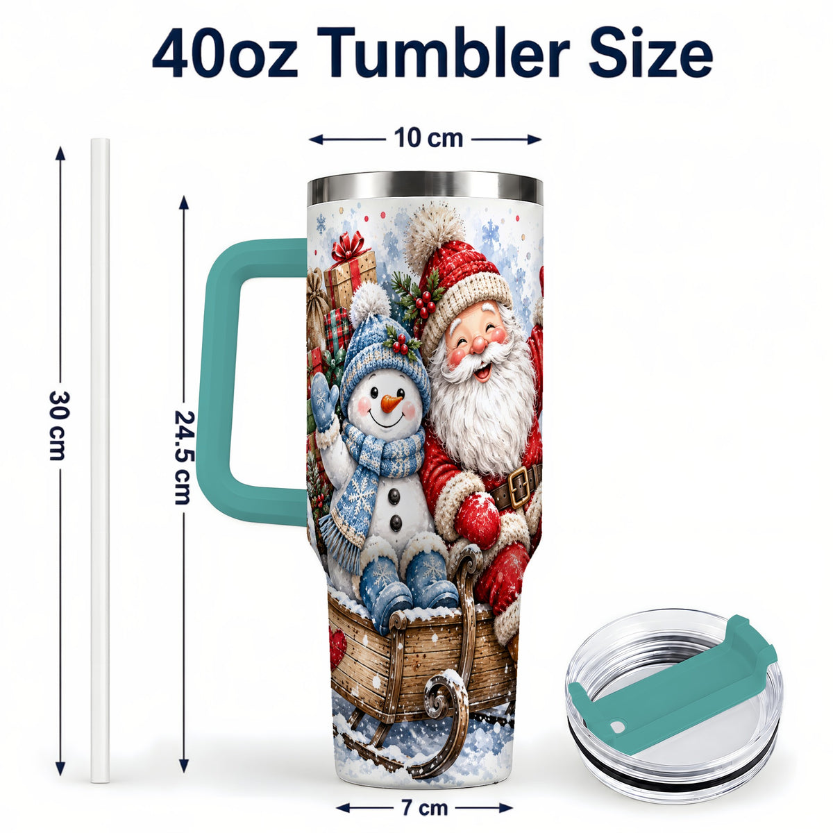 #pl[40oz|Green] Santa Snowman 40oz Tumbler with Handle, Sleigh Ride Stainless Steel Cup