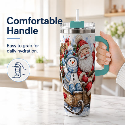 #pl[40oz|Green] Santa Snowman 40oz Tumbler with Handle, Sleigh Ride Stainless Steel Cup