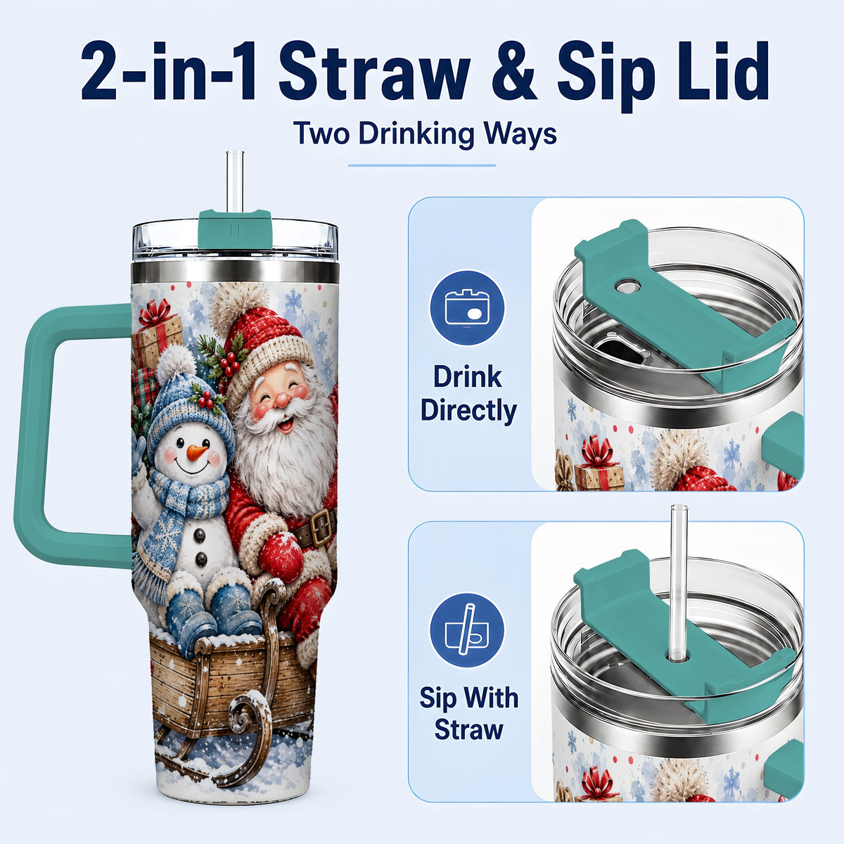 #pl[40oz|Green] Santa Snowman 40oz Tumbler with Handle, Sleigh Ride Stainless Steel Cup