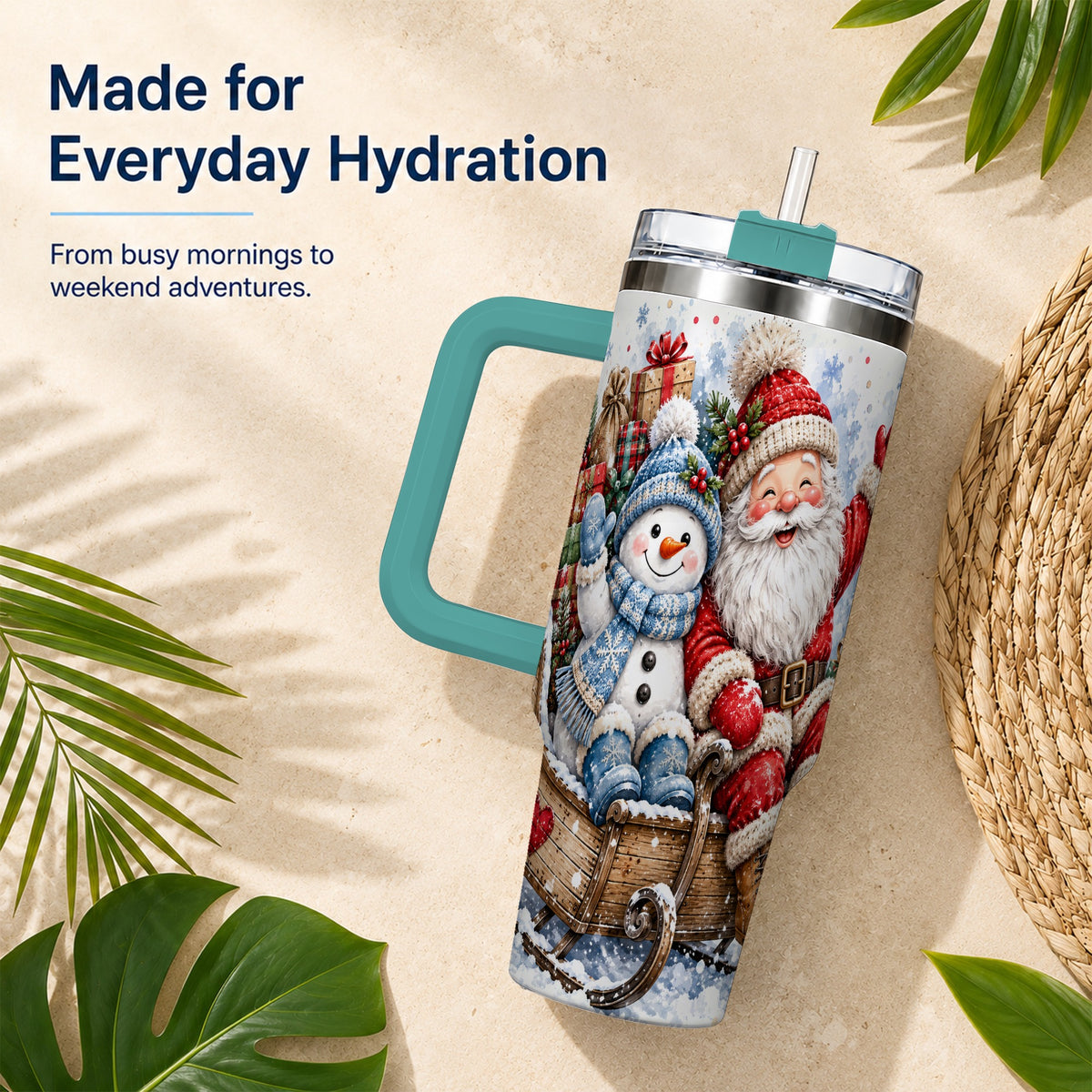 #pl[40oz|Green] Santa Snowman 40oz Tumbler with Handle, Sleigh Ride Stainless Steel Cup