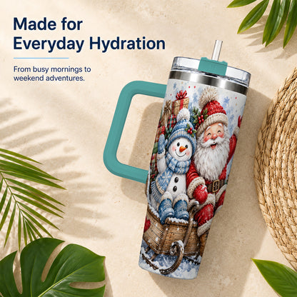 #pl[40oz|Green] Santa Snowman 40oz Tumbler with Handle, Sleigh Ride Stainless Steel Cup