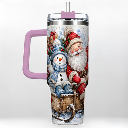 #pl[40oz|Pink] Santa Snowman 40oz Tumbler with Handle, Sleigh Ride Stainless Steel Cup