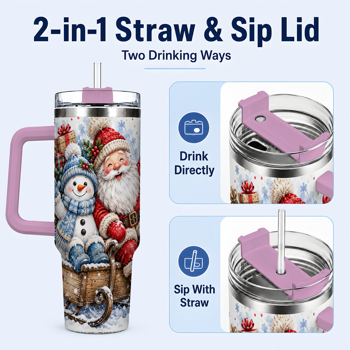 #pl[40oz|Pink] Santa Snowman 40oz Tumbler with Handle, Sleigh Ride Stainless Steel Cup