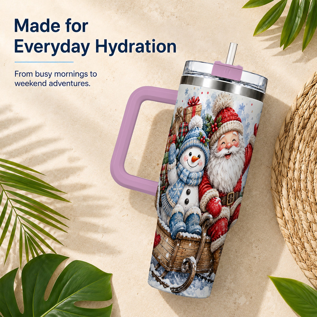 #pl[40oz|Pink] Santa Snowman 40oz Tumbler with Handle, Sleigh Ride Stainless Steel Cup