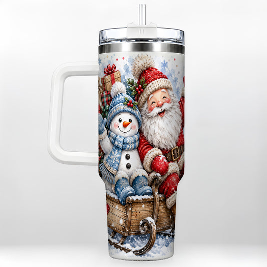 Santa Snowman 40oz Tumbler with Handle, Sleigh Ride Stainless Steel Cup