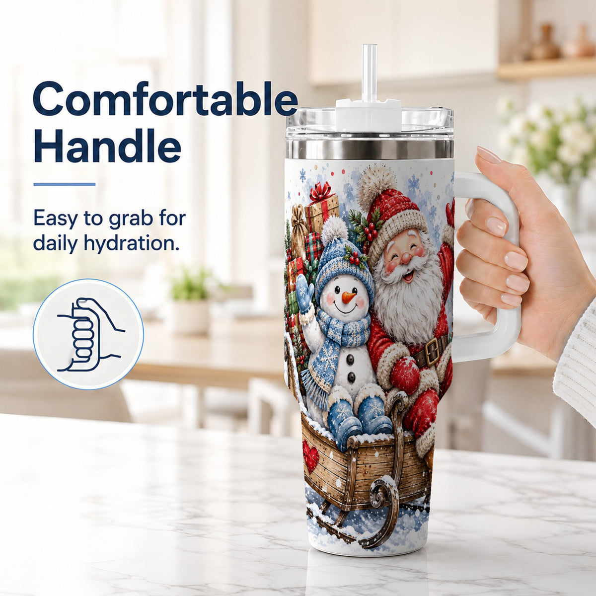 #pl[40oz|White] Santa Snowman 40oz Tumbler with Handle, Sleigh Ride Stainless Steel Cup
