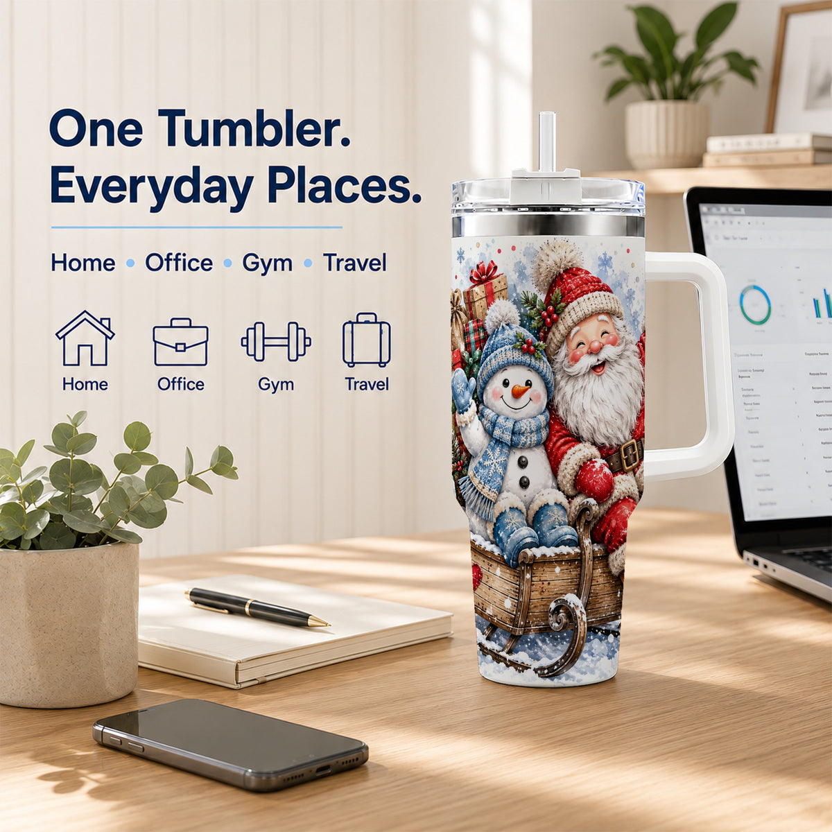 #pl[40oz|White] Santa Snowman 40oz Tumbler with Handle, Sleigh Ride Stainless Steel Cup