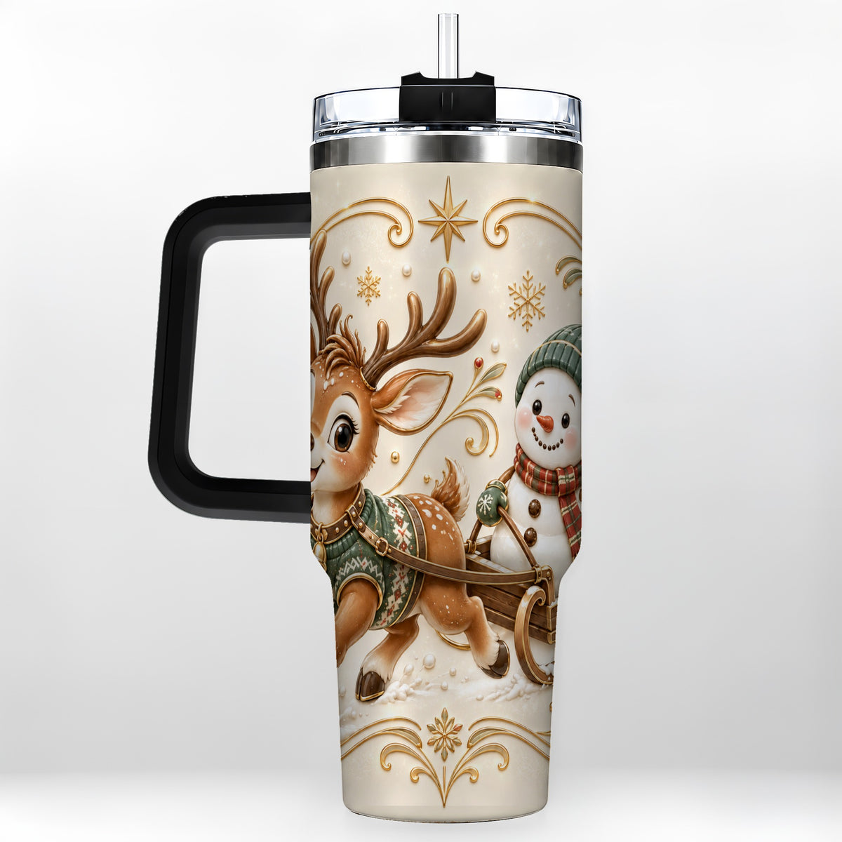 #pl[40oz|Black] Reindeer Snowman 40oz Tumbler with Handle, Winter Stainless Steel Cup