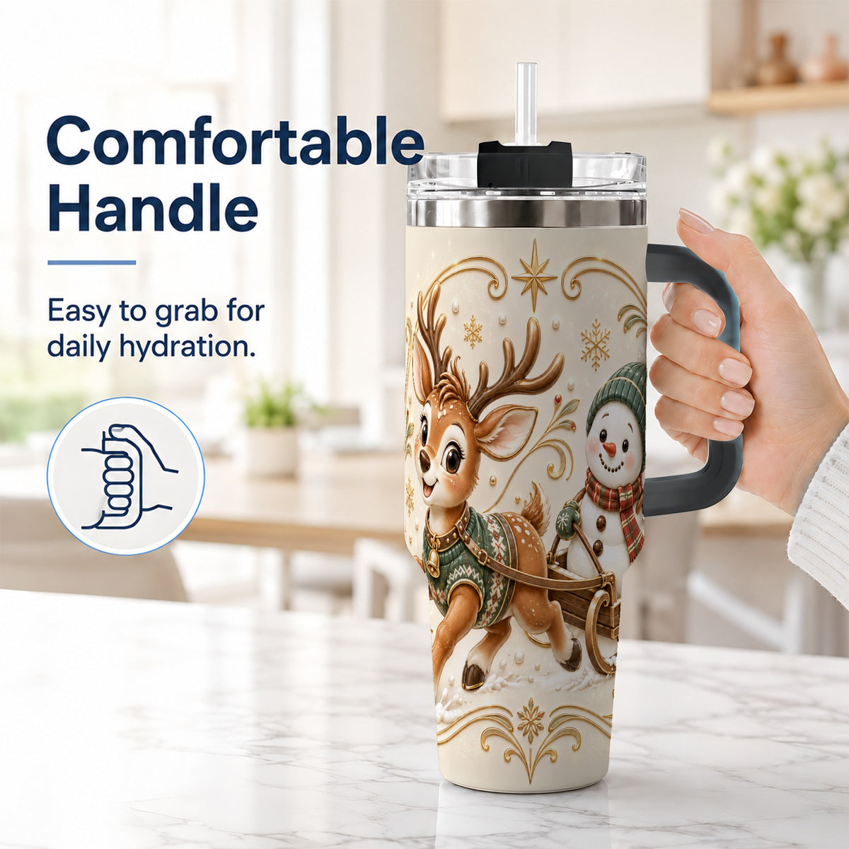 #pl[40oz|Black] Reindeer Snowman 40oz Tumbler with Handle, Winter Stainless Steel Cup