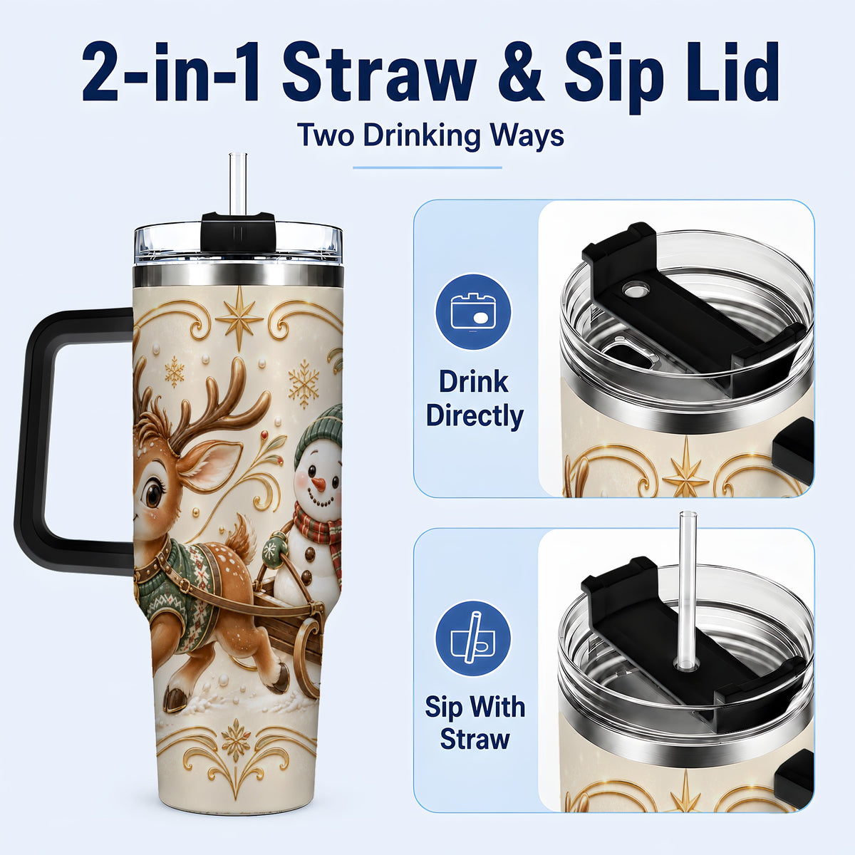 #pl[40oz|Black] Reindeer Snowman 40oz Tumbler with Handle, Winter Stainless Steel Cup