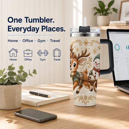 #pl[40oz|Black] Reindeer Snowman 40oz Tumbler with Handle, Winter Stainless Steel Cup