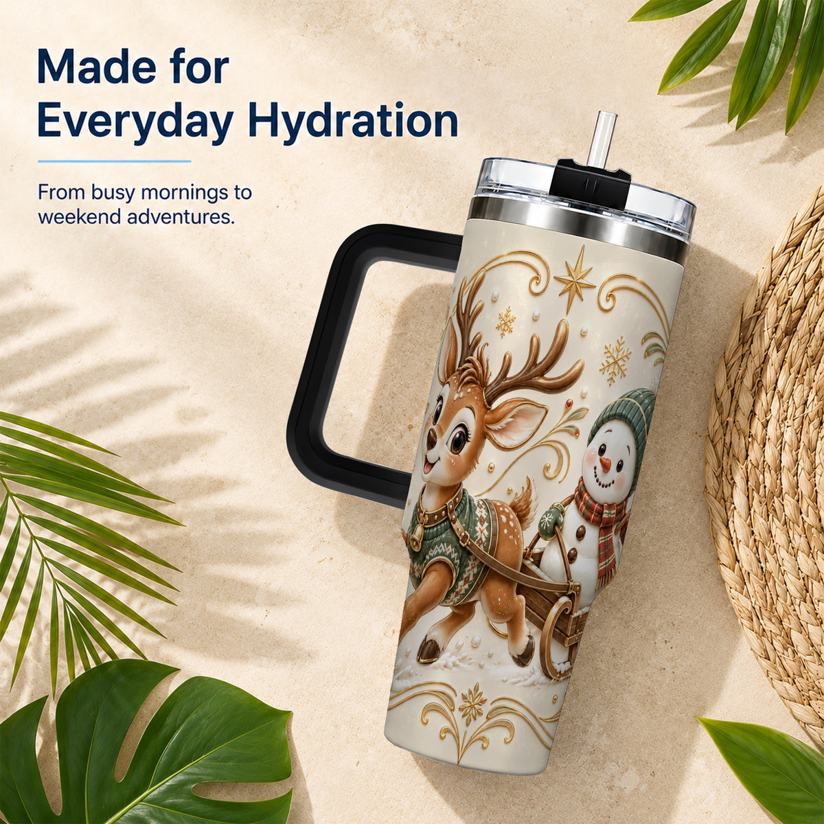 #pl[40oz|Black] Reindeer Snowman 40oz Tumbler with Handle, Winter Stainless Steel Cup