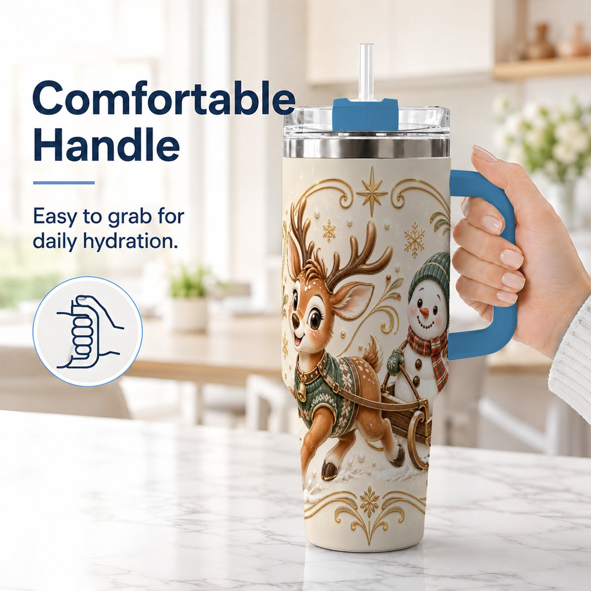 #pl[40oz|Blue] Reindeer Snowman 40oz Tumbler with Handle, Winter Stainless Steel Cup