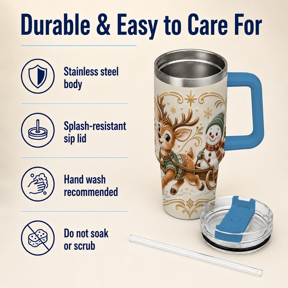 #pl[40oz|Blue] Reindeer Snowman 40oz Tumbler with Handle, Winter Stainless Steel Cup