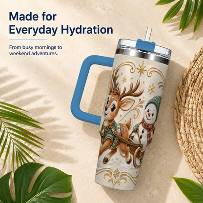#pl[40oz|Blue] Reindeer Snowman 40oz Tumbler with Handle, Winter Stainless Steel Cup