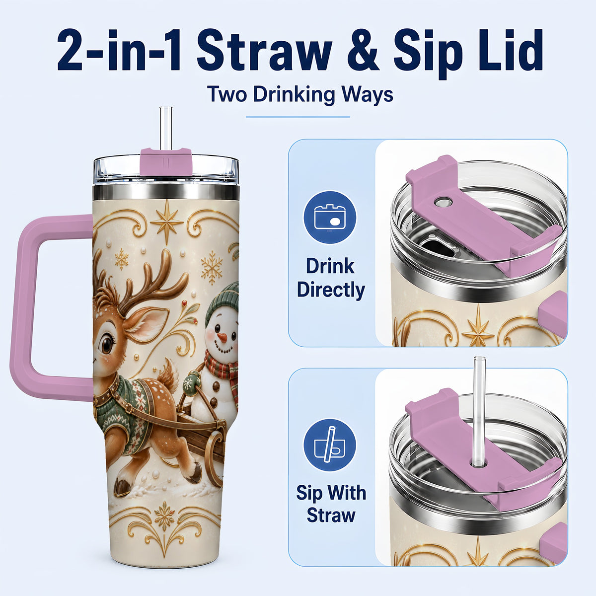 #pl[40oz|Pink] Reindeer Snowman 40oz Tumbler with Handle, Winter Stainless Steel Cup