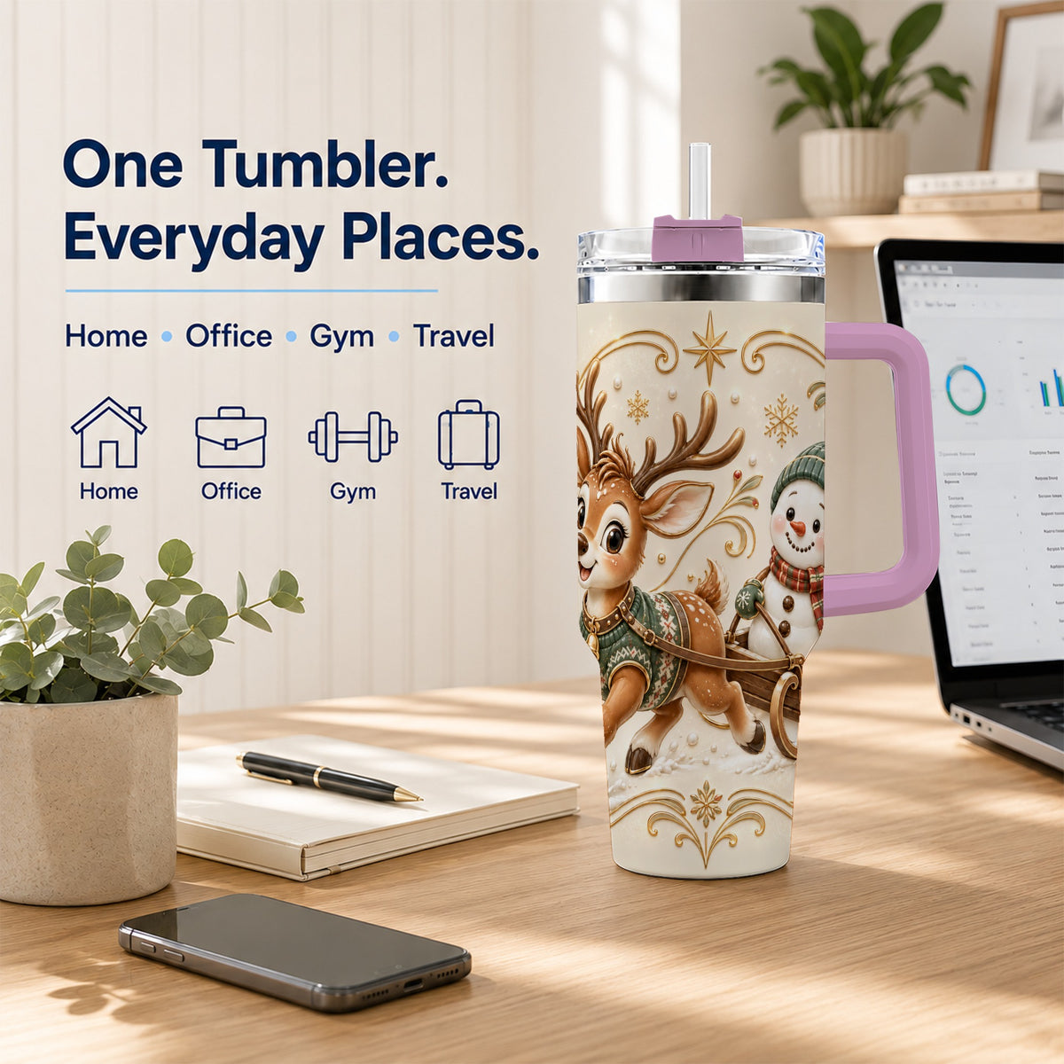 #pl[40oz|Pink] Reindeer Snowman 40oz Tumbler with Handle, Winter Stainless Steel Cup