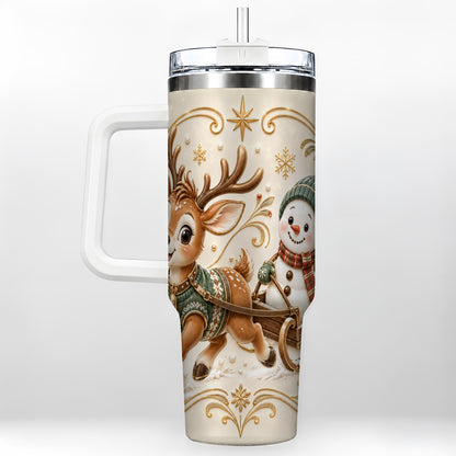 Reindeer Snowman 40oz Tumbler with Handle, Winter Stainless Steel Cup