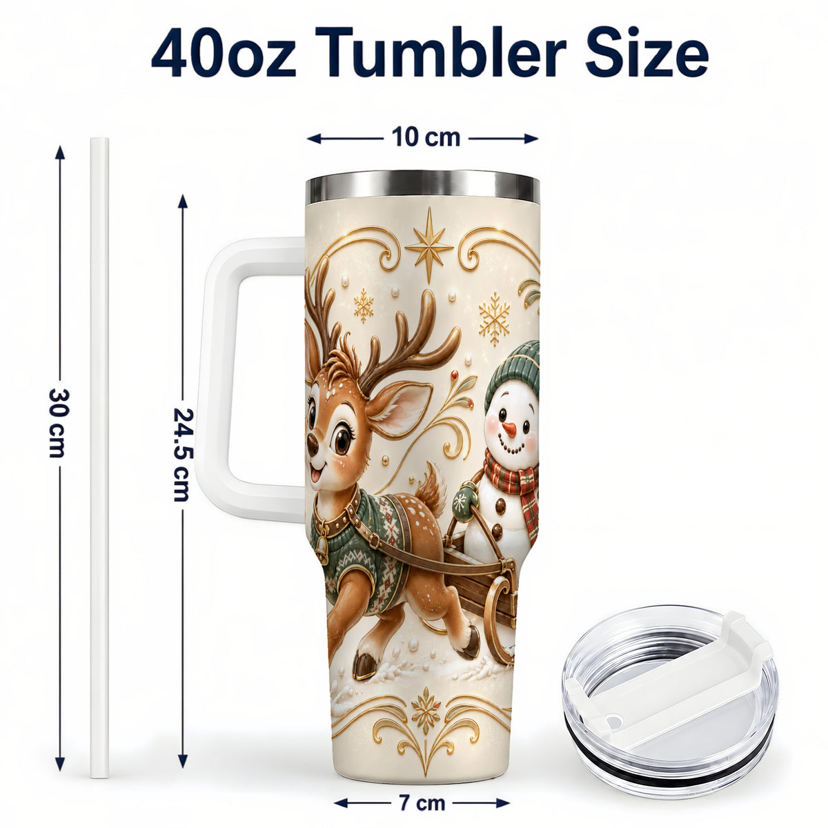#pl[40oz|White] Reindeer Snowman 40oz Tumbler with Handle, Winter Stainless Steel Cup
