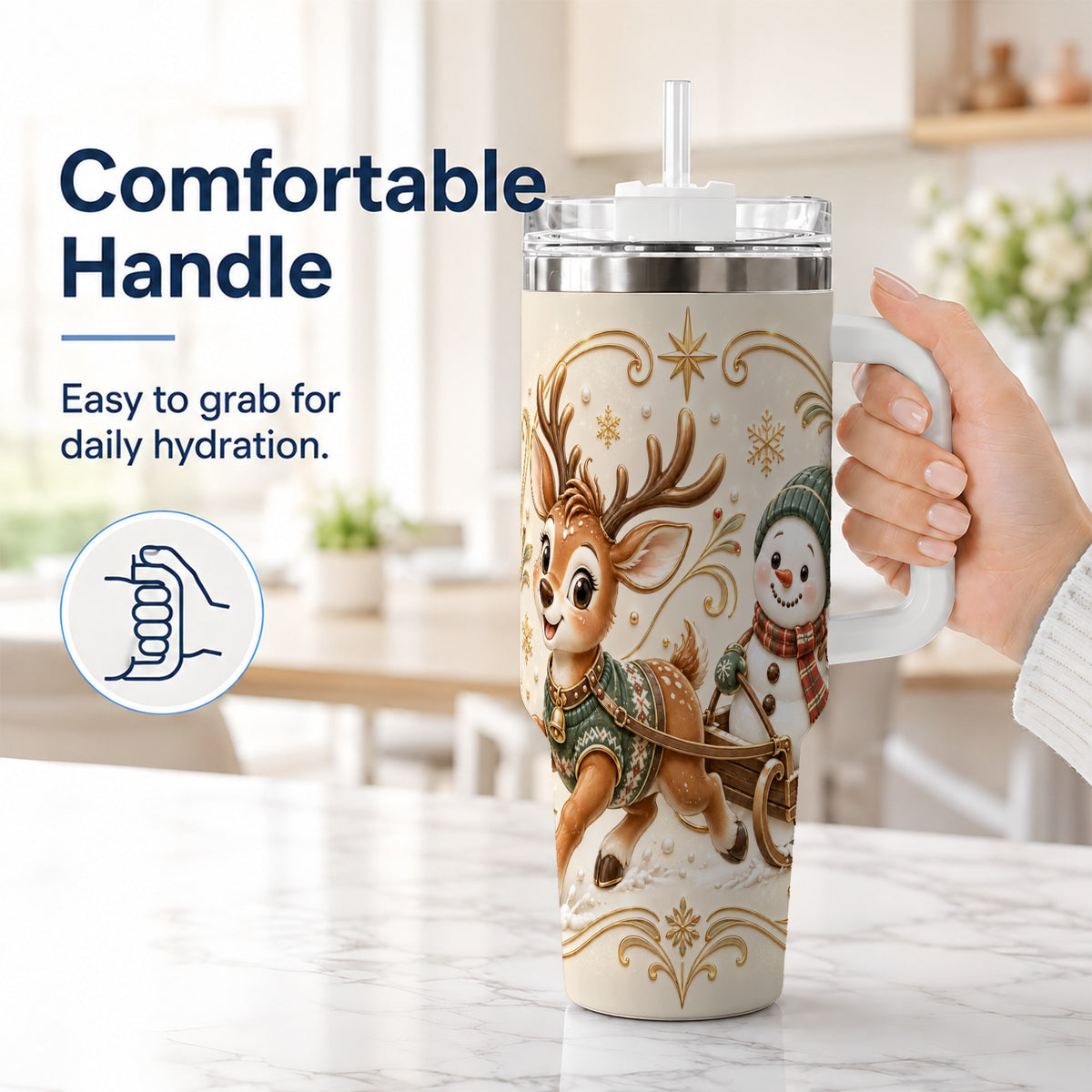 #pl[40oz|White] Reindeer Snowman 40oz Tumbler with Handle, Winter Stainless Steel Cup