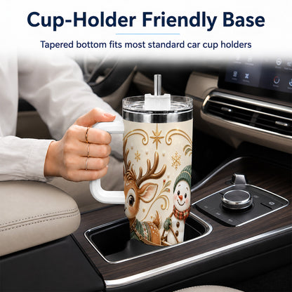 #pl[40oz|White] Reindeer Snowman 40oz Tumbler with Handle, Winter Stainless Steel Cup