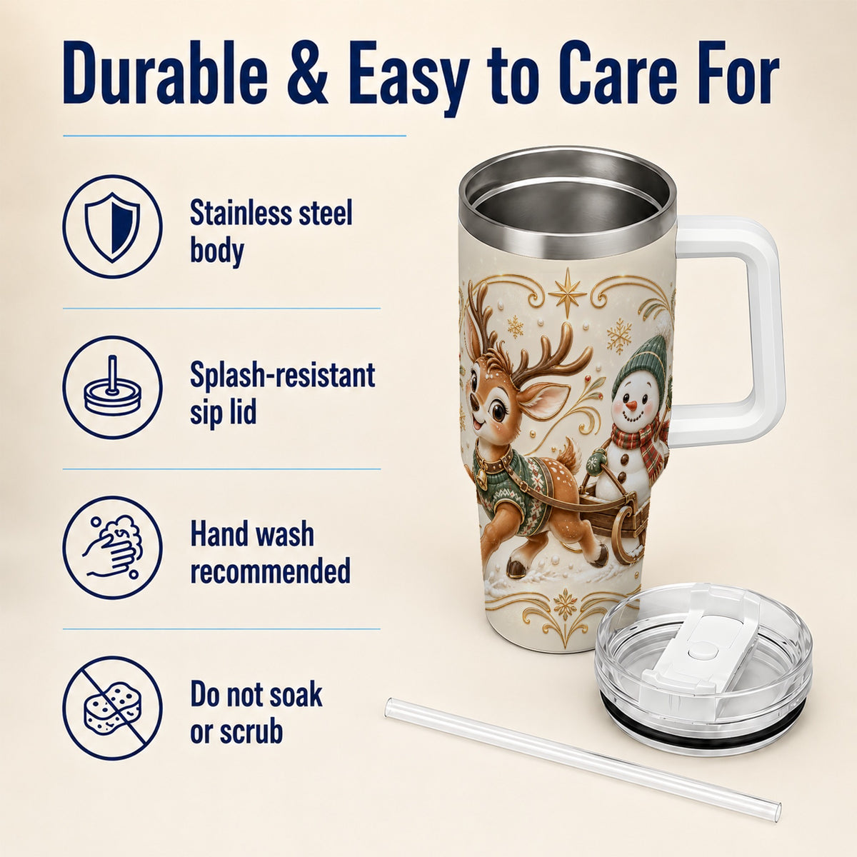 #pl[40oz|White] Reindeer Snowman 40oz Tumbler with Handle, Winter Stainless Steel Cup