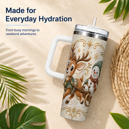 #pl[40oz|White] Reindeer Snowman 40oz Tumbler with Handle, Winter Stainless Steel Cup
