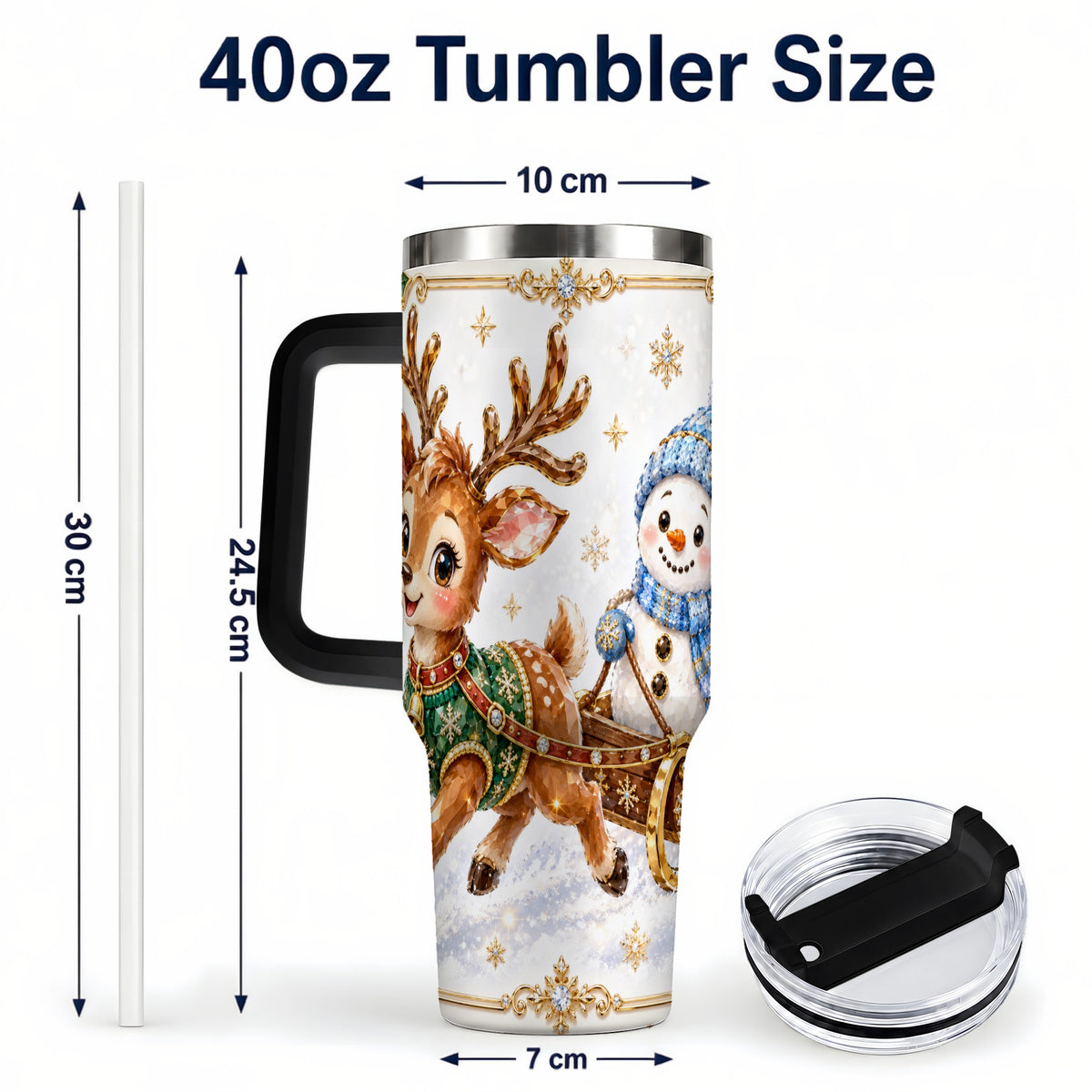 #pl[40oz|Black] Crystal Reindeer 40oz Tumbler with Handle, Snowman Winter Travel Cup