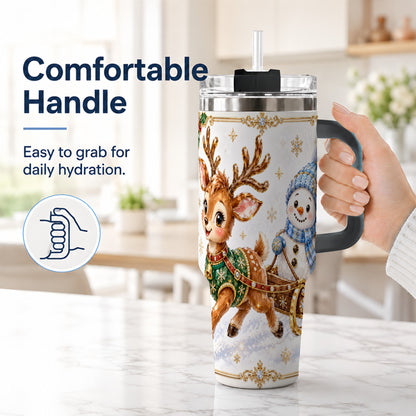 #pl[40oz|Black] Crystal Reindeer 40oz Tumbler with Handle, Snowman Winter Travel Cup