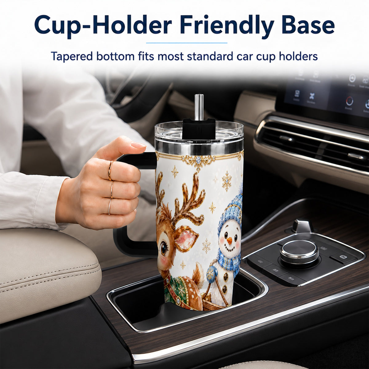 #pl[40oz|Black] Crystal Reindeer 40oz Tumbler with Handle, Snowman Winter Travel Cup