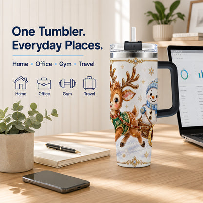 #pl[40oz|Black] Crystal Reindeer 40oz Tumbler with Handle, Snowman Winter Travel Cup