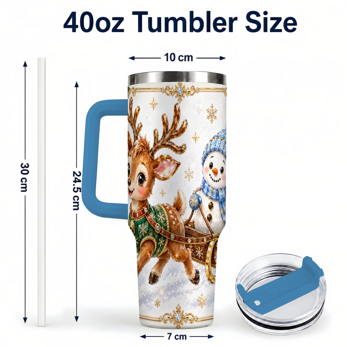 #pl[40oz|Blue] Crystal Reindeer 40oz Tumbler with Handle, Snowman Winter Travel Cup