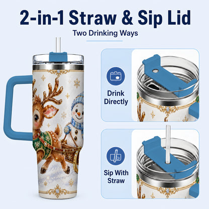#pl[40oz|Blue] Crystal Reindeer 40oz Tumbler with Handle, Snowman Winter Travel Cup