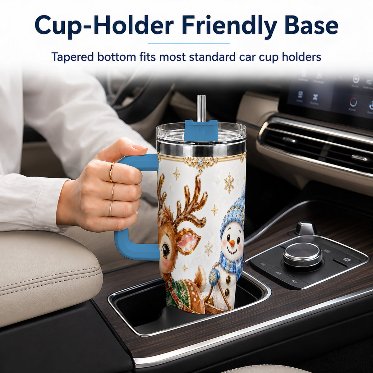 #pl[40oz|Blue] Crystal Reindeer 40oz Tumbler with Handle, Snowman Winter Travel Cup