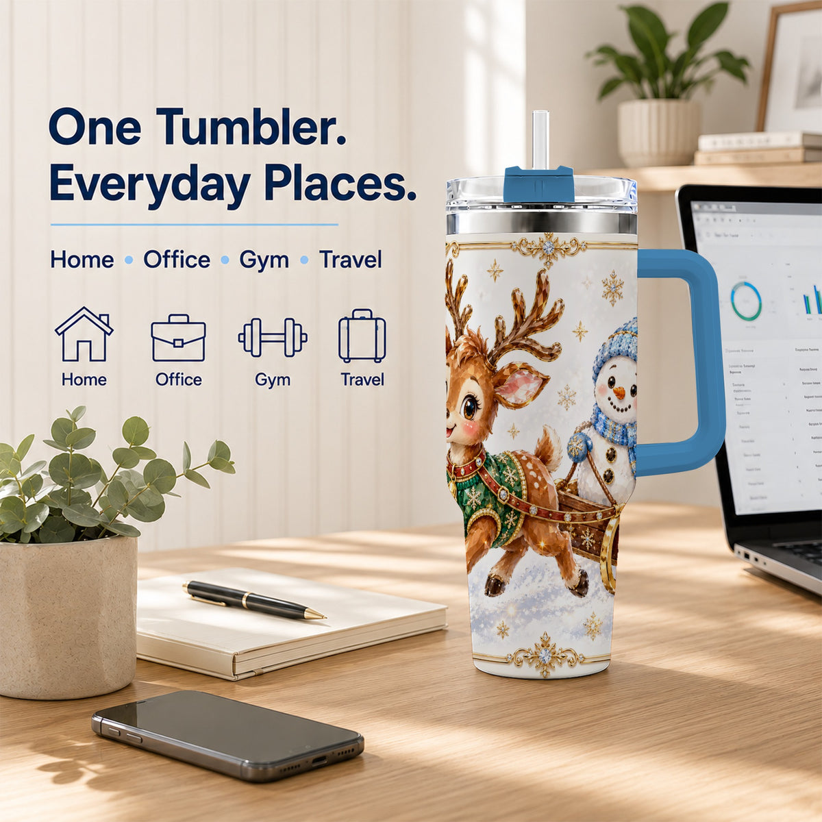 #pl[40oz|Blue] Crystal Reindeer 40oz Tumbler with Handle, Snowman Winter Travel Cup