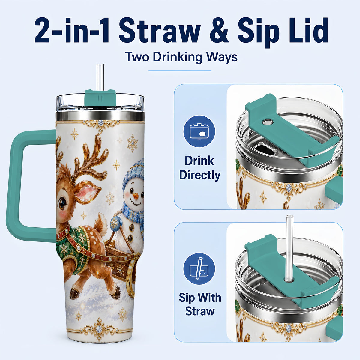 #pl[40oz|Green] Crystal Reindeer 40oz Tumbler with Handle, Snowman Winter Travel Cup
