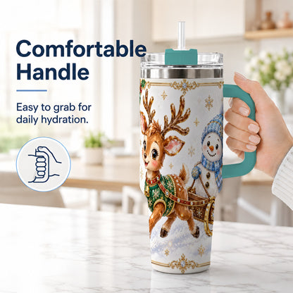 #pl[40oz|Green] Crystal Reindeer 40oz Tumbler with Handle, Snowman Winter Travel Cup