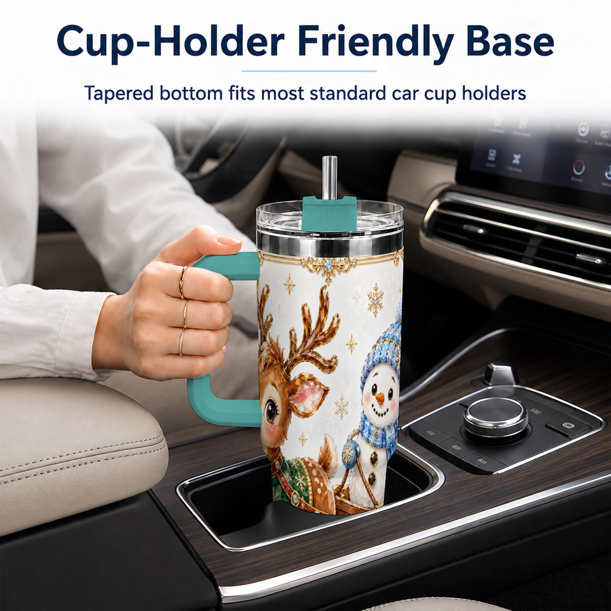 #pl[40oz|Green] Crystal Reindeer 40oz Tumbler with Handle, Snowman Winter Travel Cup