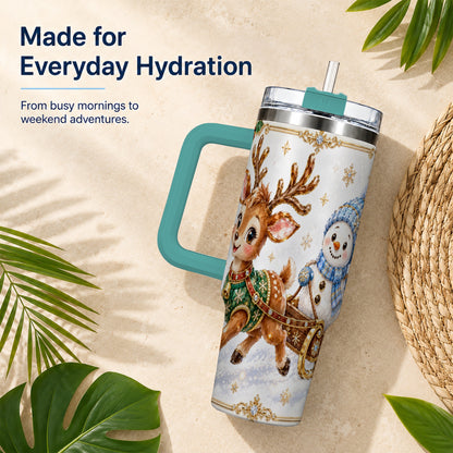 #pl[40oz|Green] Crystal Reindeer 40oz Tumbler with Handle, Snowman Winter Travel Cup