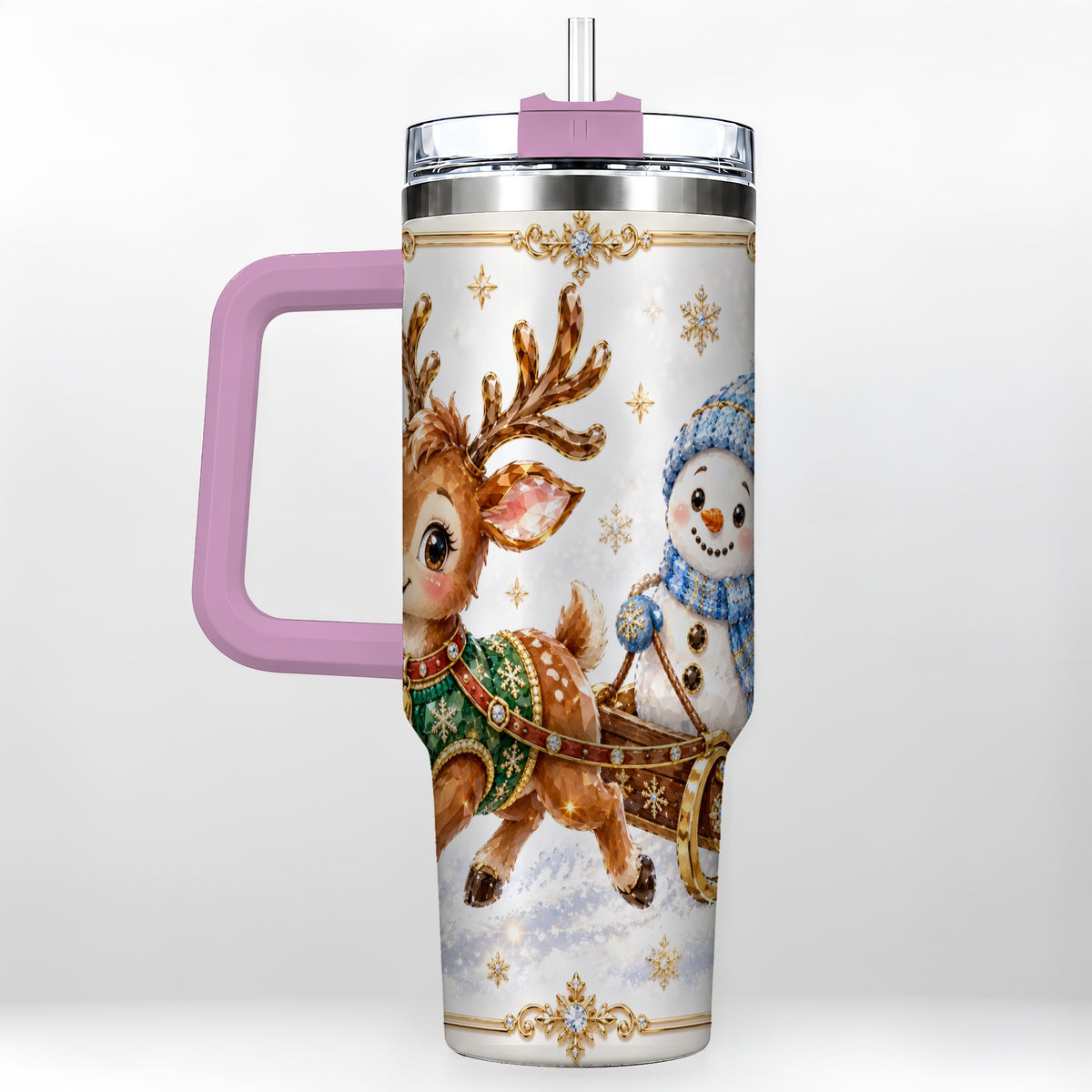 #pl[40oz|Pink] Crystal Reindeer 40oz Tumbler with Handle, Snowman Winter Travel Cup