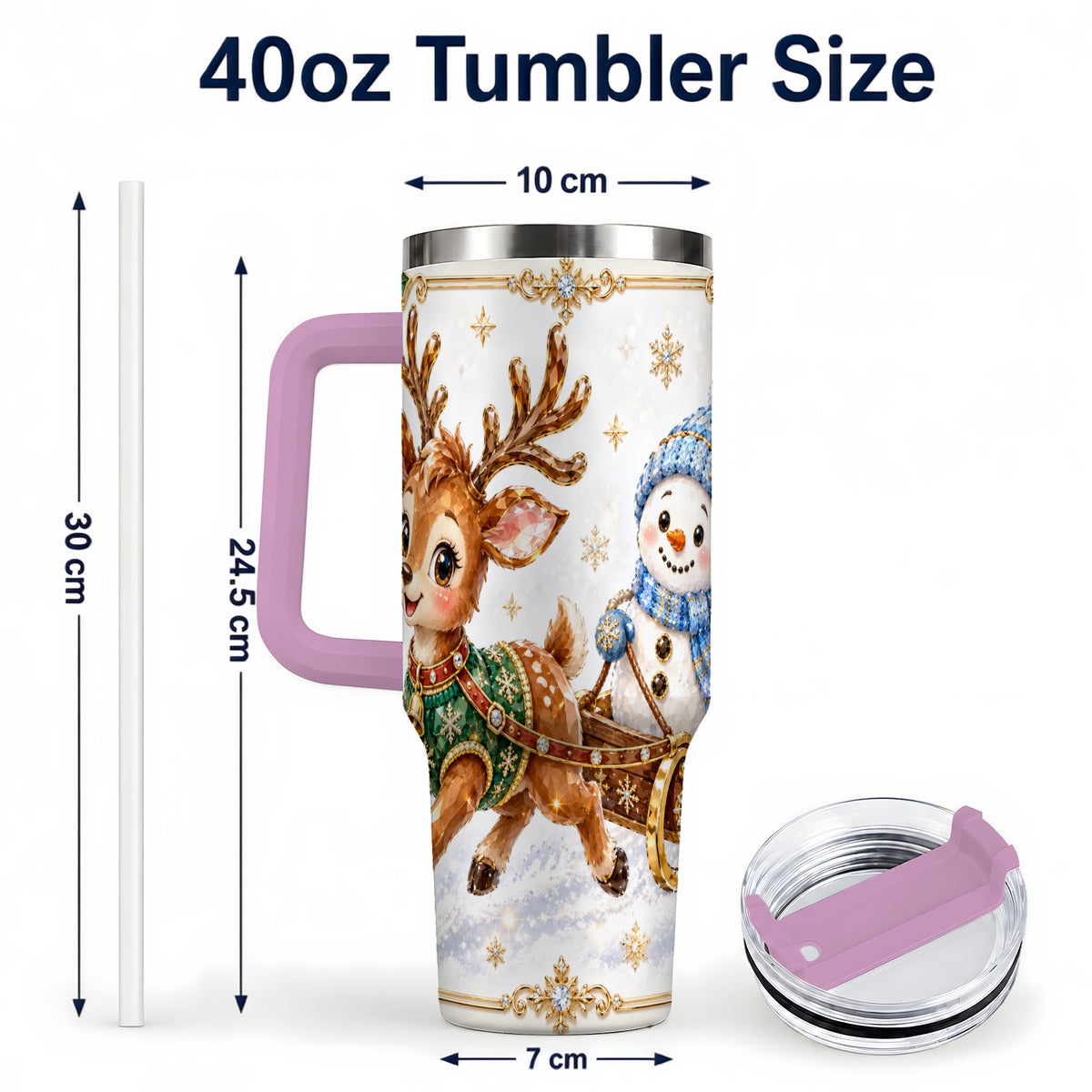 #pl[40oz|Pink] Crystal Reindeer 40oz Tumbler with Handle, Snowman Winter Travel Cup