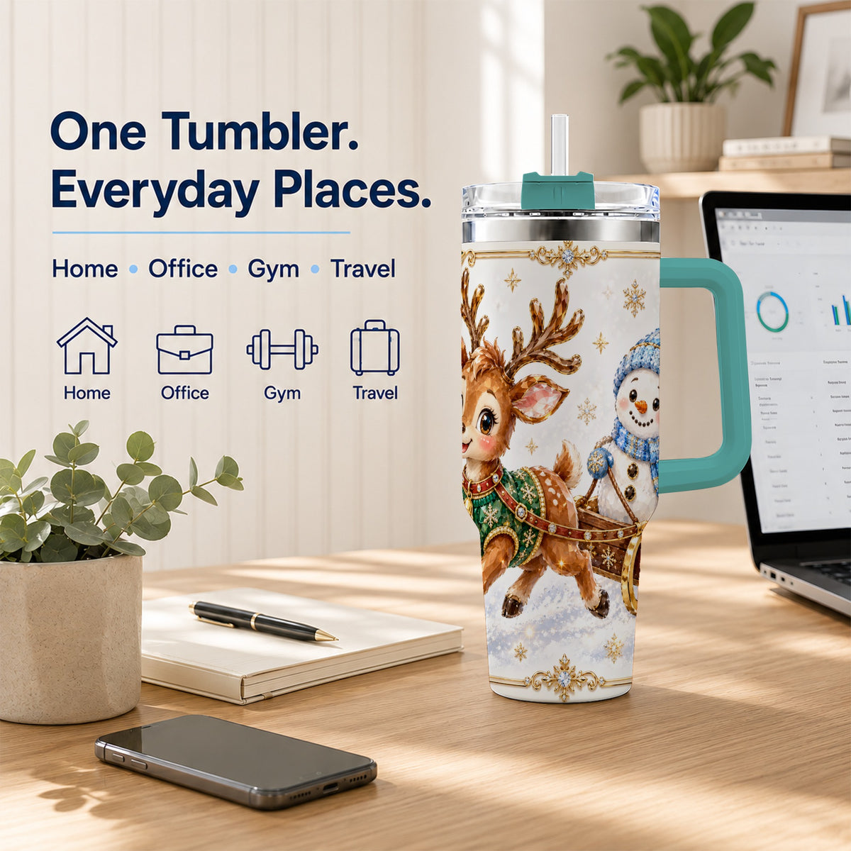 #pl[40oz|Green] Crystal Reindeer 40oz Tumbler with Handle, Snowman Winter Travel Cup
