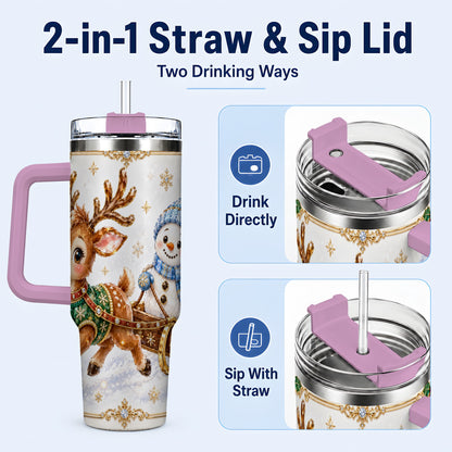 #pl[40oz|Pink] Crystal Reindeer 40oz Tumbler with Handle, Snowman Winter Travel Cup