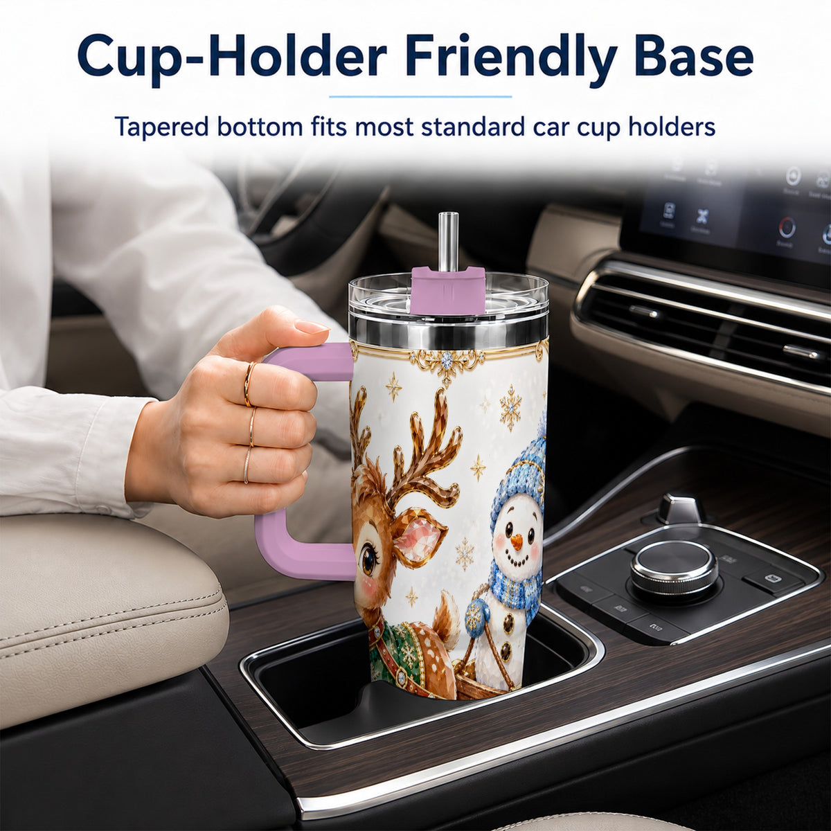 #pl[40oz|Pink] Crystal Reindeer 40oz Tumbler with Handle, Snowman Winter Travel Cup